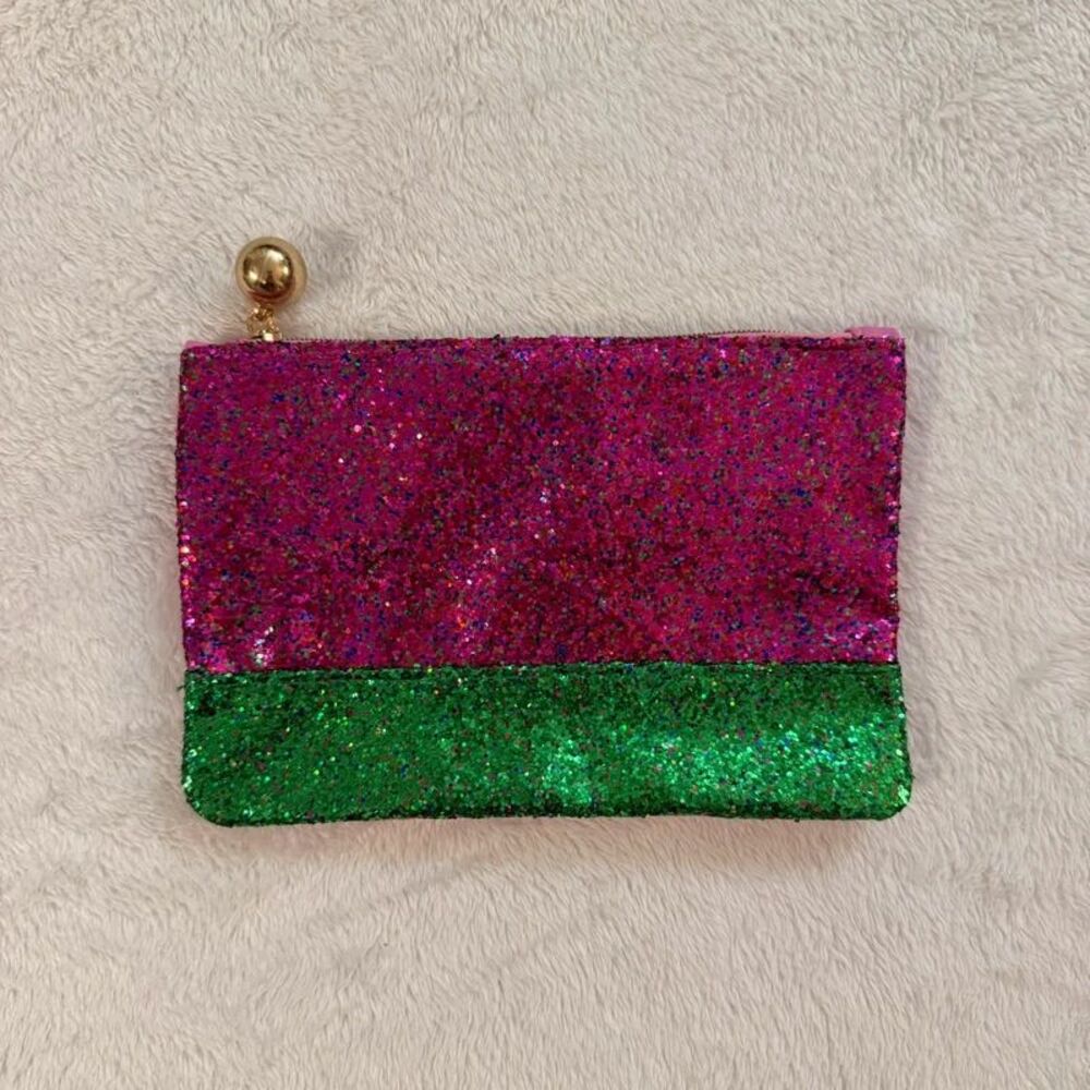 magenta and green glitter mini makeup cosmetics bag